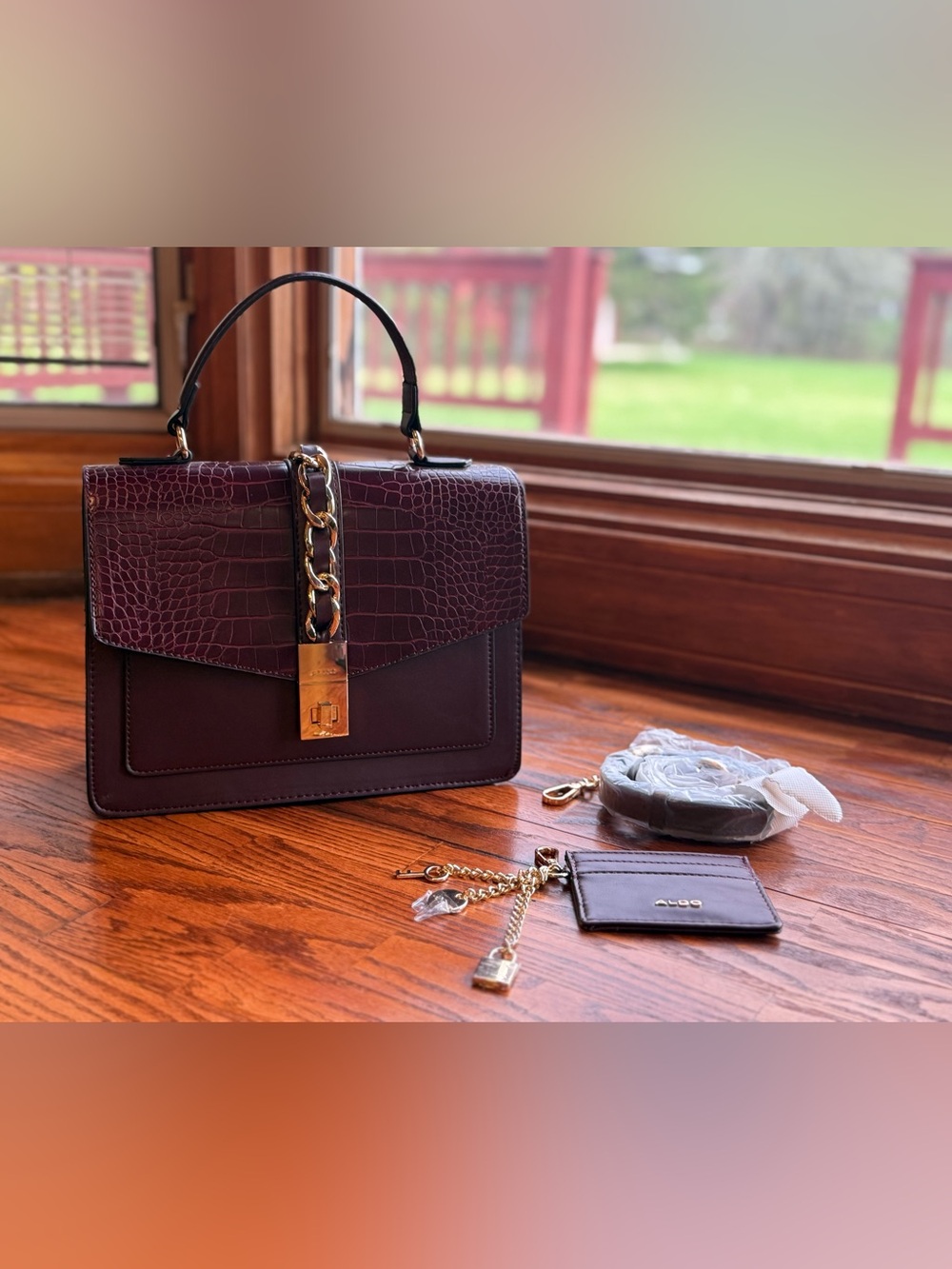 Aldo Burgundy Croc-Texture Mini Top-Handle Bag with Gold Chain Accent